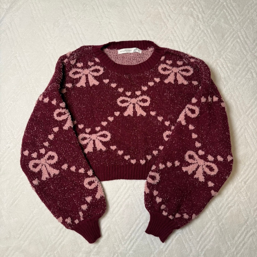 Coquette Balletcore Altar'd State Burgundy Pink Bow Cropped Sweater S